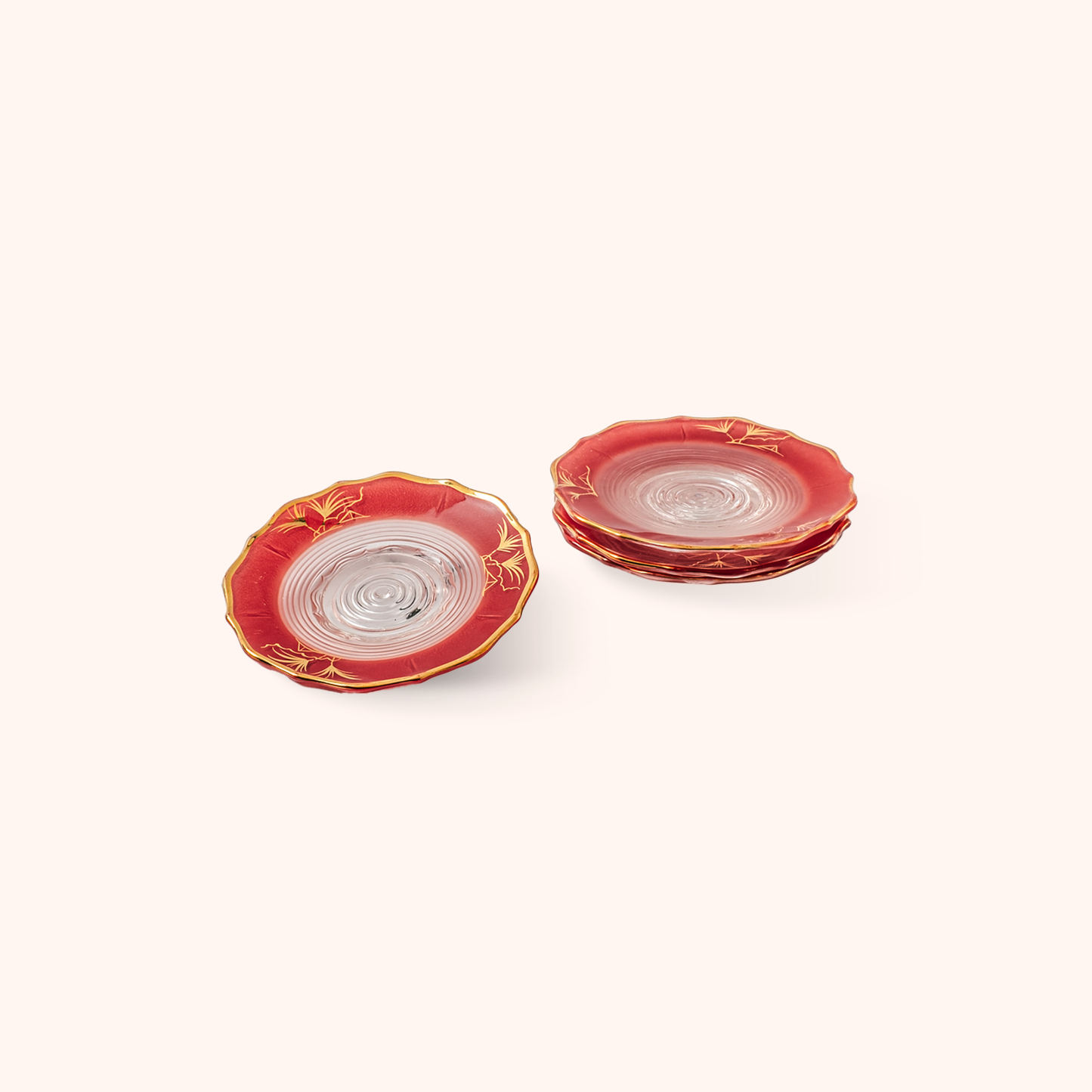 Set da 4 Piattini Rossi in Vetro - Stile Cina con Bordo Oro