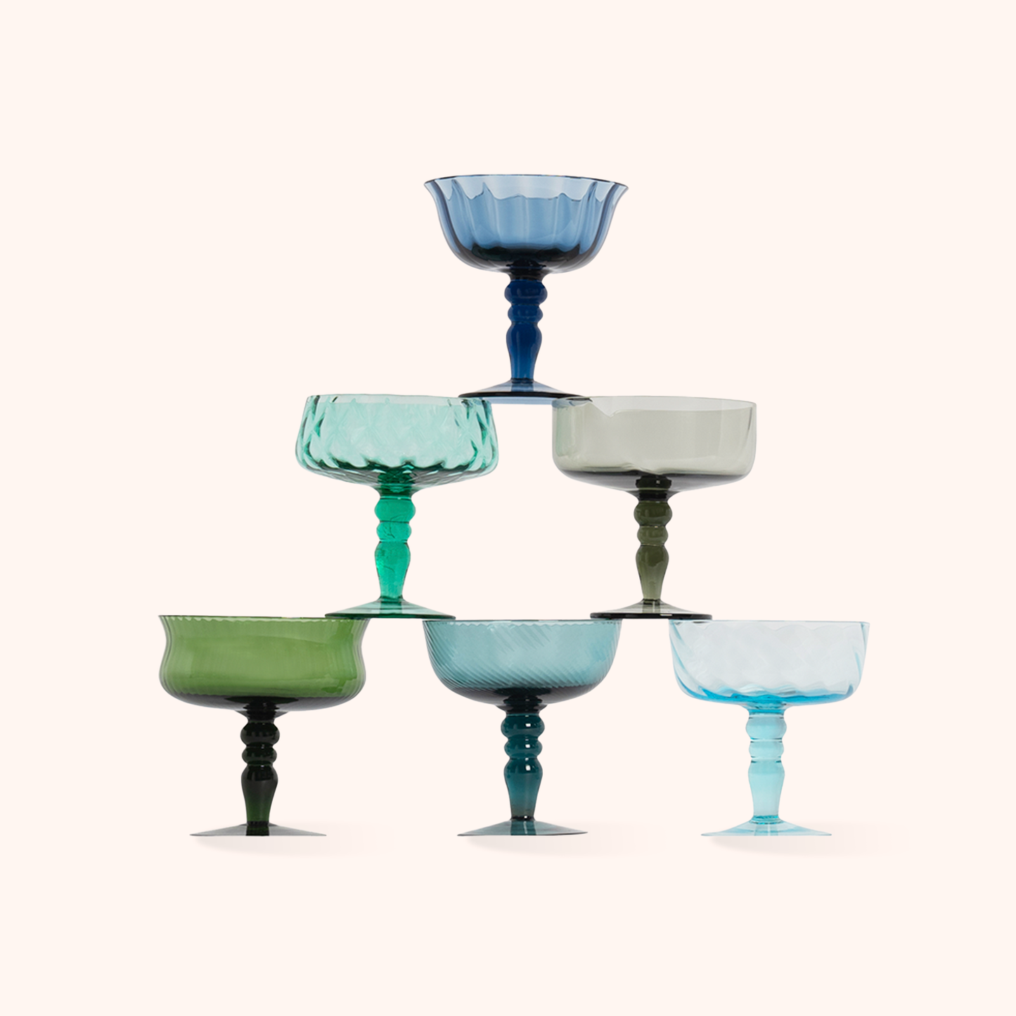 Set of 6 Champagne Bowls Assorted Textures Blue/Green Nuances