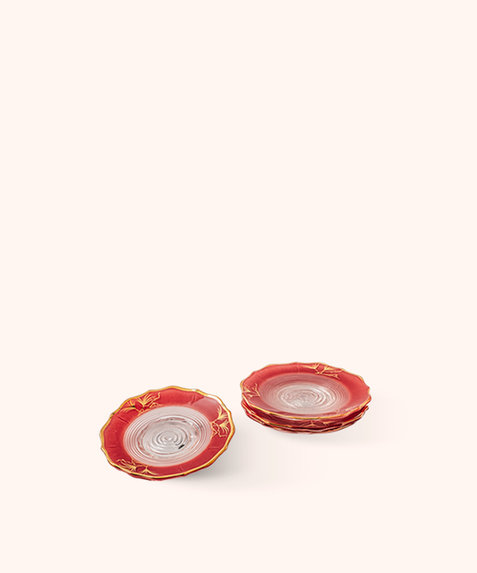 Set da 4 Piattini Rossi in Vetro - Stile Cina con Bordo Oro