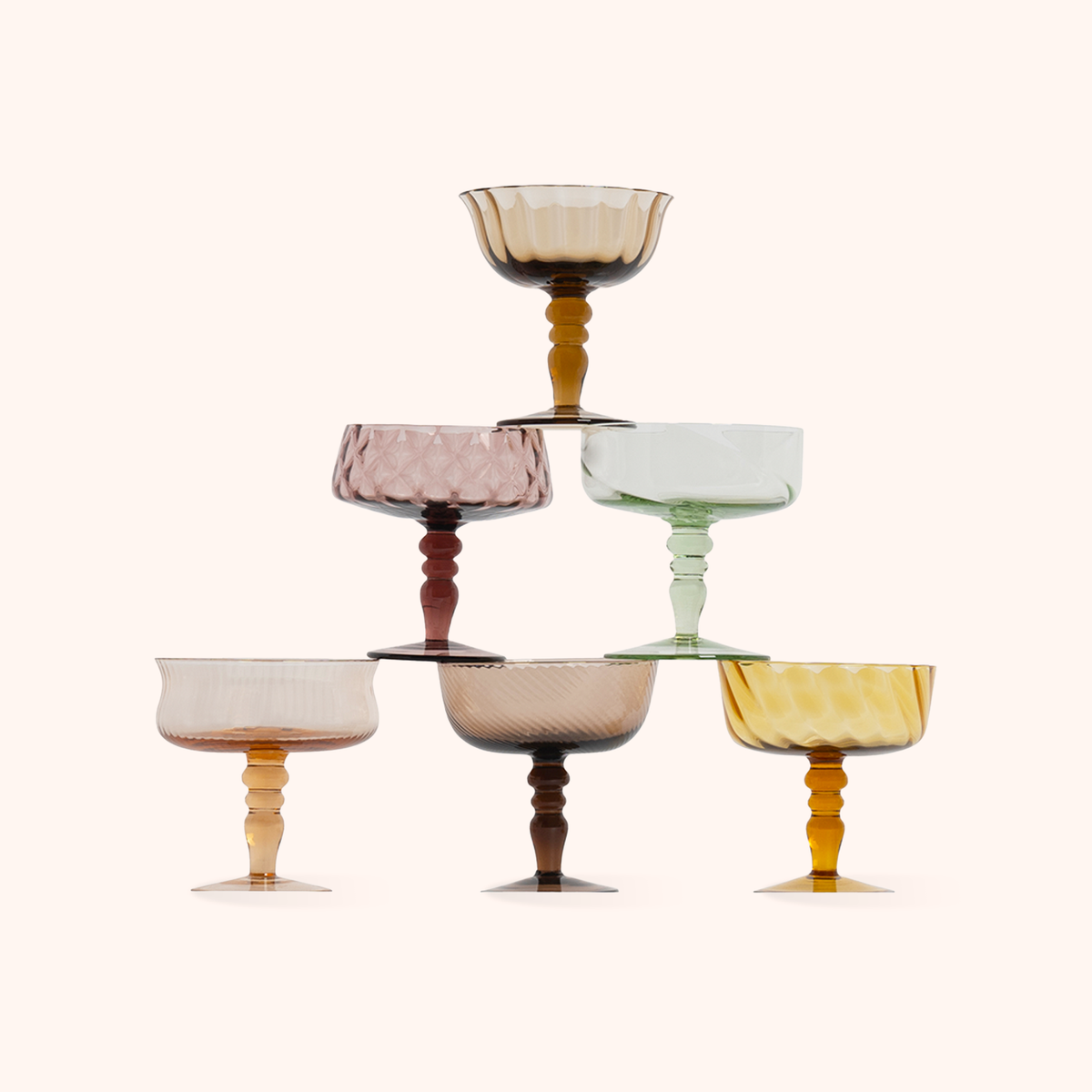 Set of 6 Champagne Bowls Textures Amber/Pink Nuances