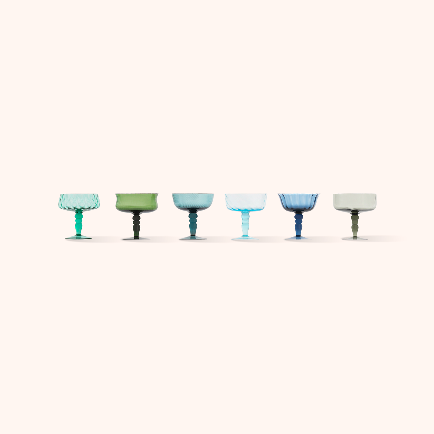 Set of 6 Champagne Bowls Assorted Textures Blue/Green Nuances
