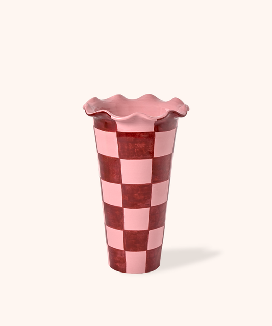 Vaso Bordo Ondulato Scacchi Rosa/Bordeaux