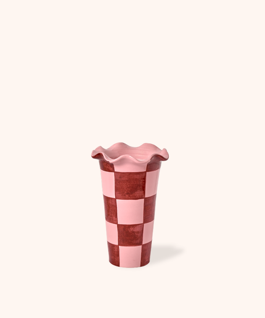Vaso Bordo Ondulato Scacchi Rosa/Bordeaux